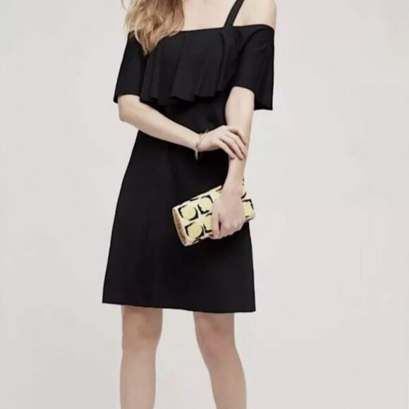 Anthropologie Mauve Black Off Shoulder Ruffled Flare Mini Dress Event Party - Picture 1 of 11